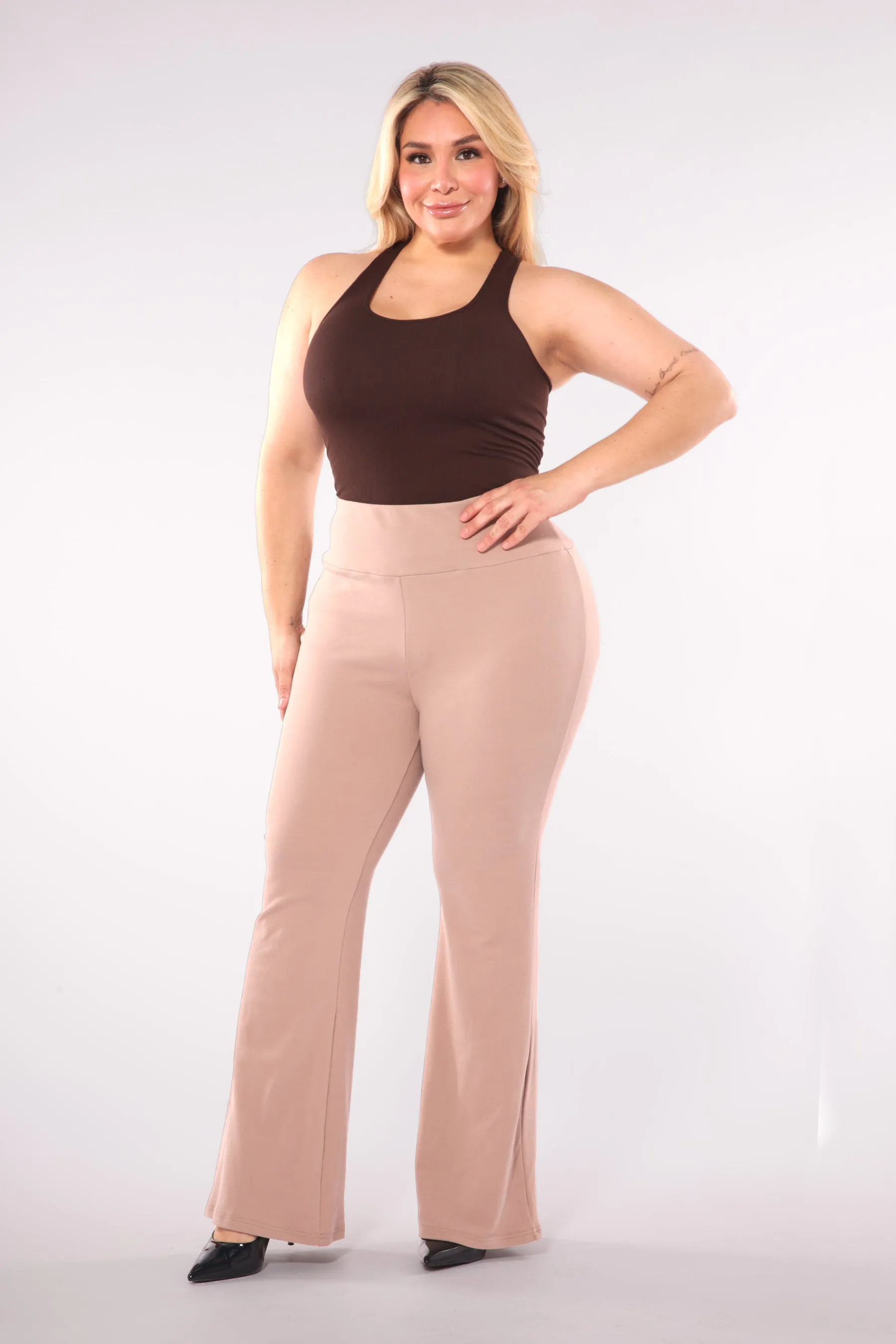 Plus Size High Waist Soft Brushed Flare Pants - Latte