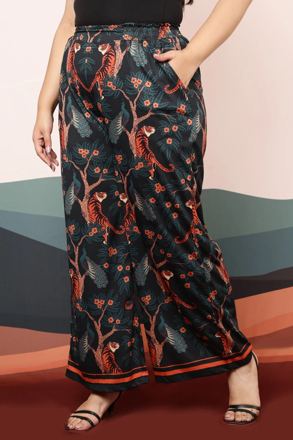 Plus Size Jungle Print High Waist Pants