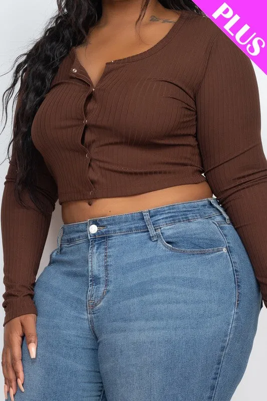 Plus Size Long Sleeve Snap Button Down Crop Top