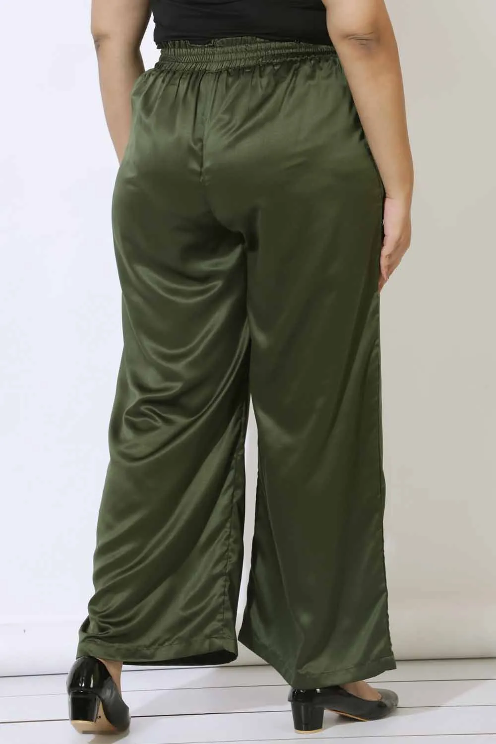 Plus Size Olive Satin High Waist Pants