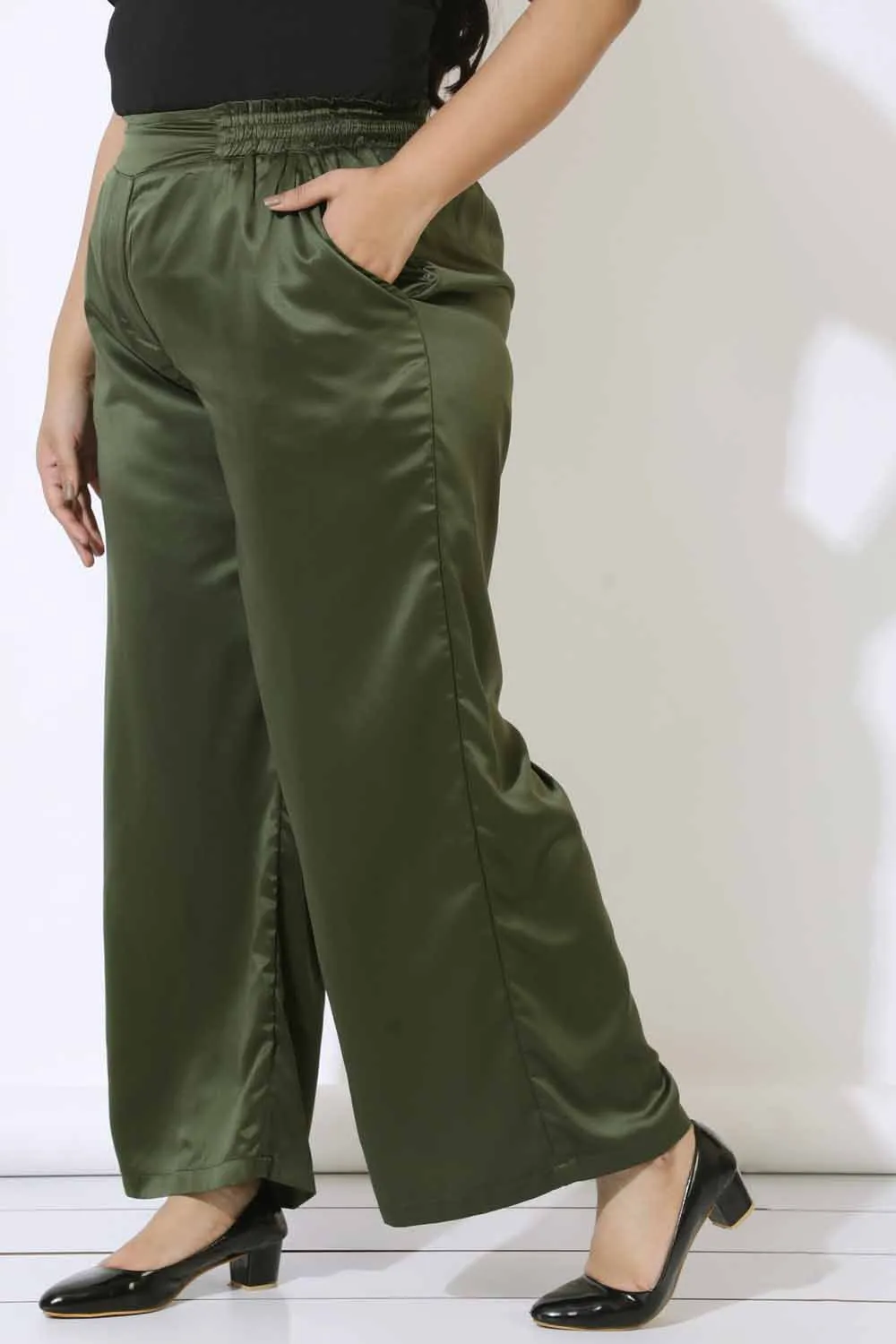 Plus Size Olive Satin High Waist Pants