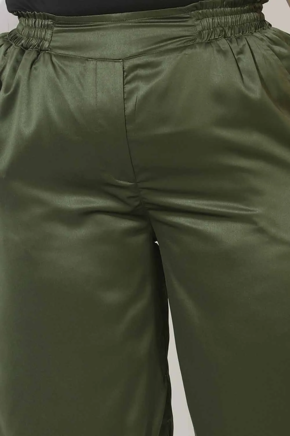 Plus Size Olive Satin High Waist Pants