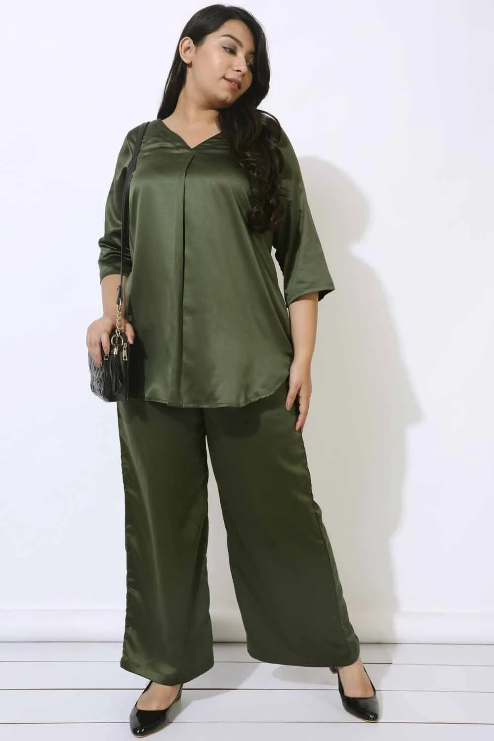 Plus Size Olive Satin High Waist Pants