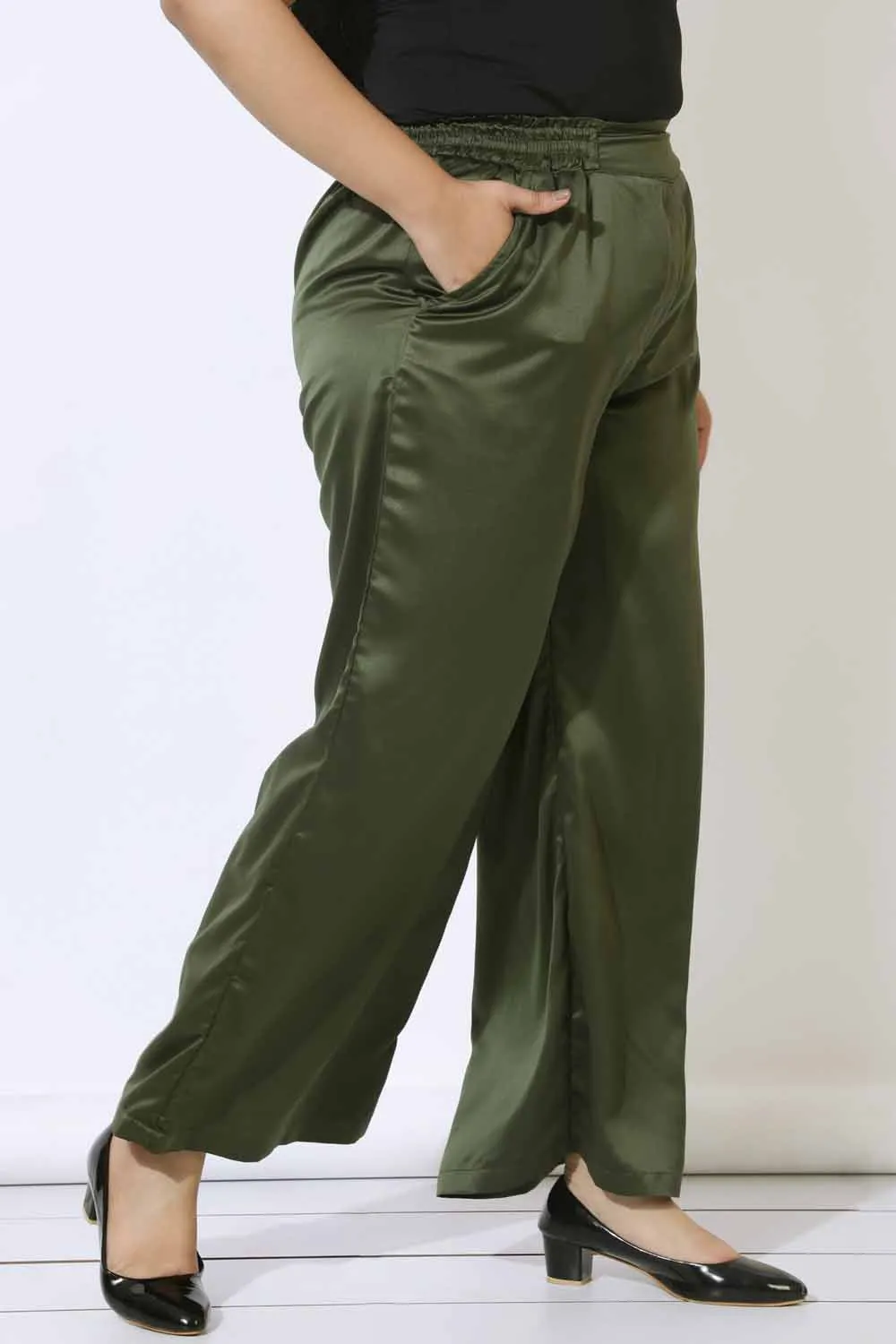 Plus Size Olive Satin High Waist Pants