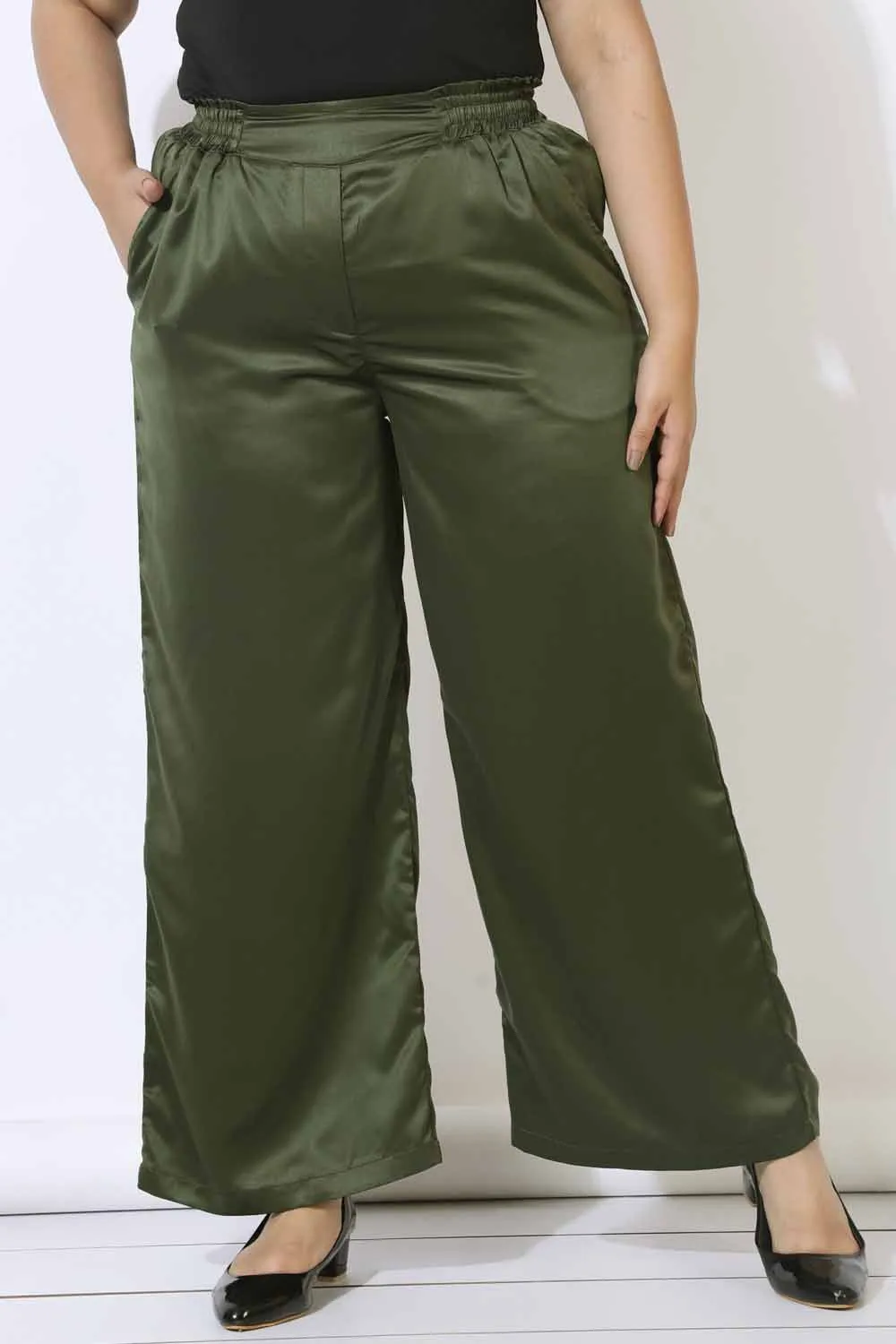 Plus Size Olive Satin High Waist Pants