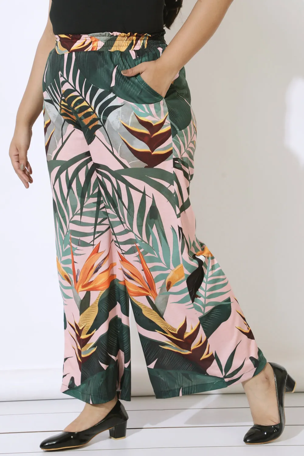 Plus Size Pink Tropical Print High Waist Pants