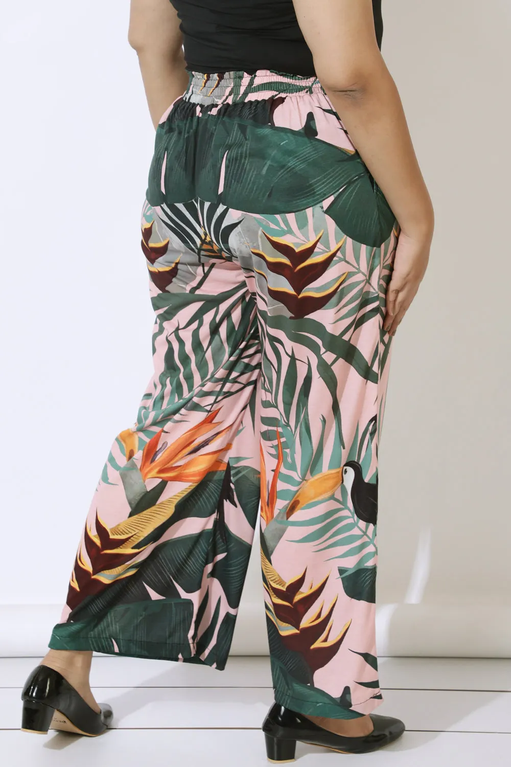 Plus Size Pink Tropical Print High Waist Pants