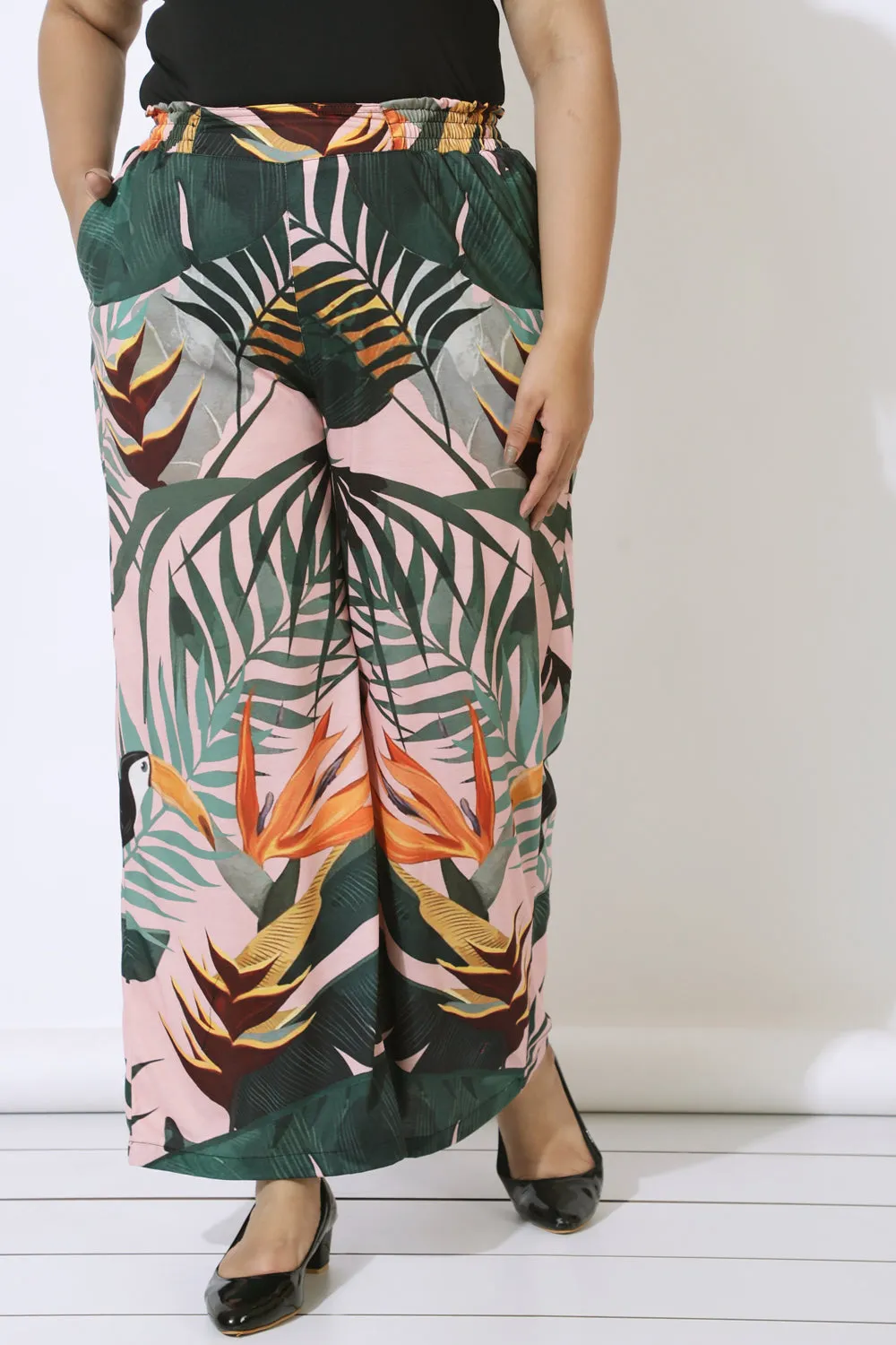 Plus Size Pink Tropical Print High Waist Pants