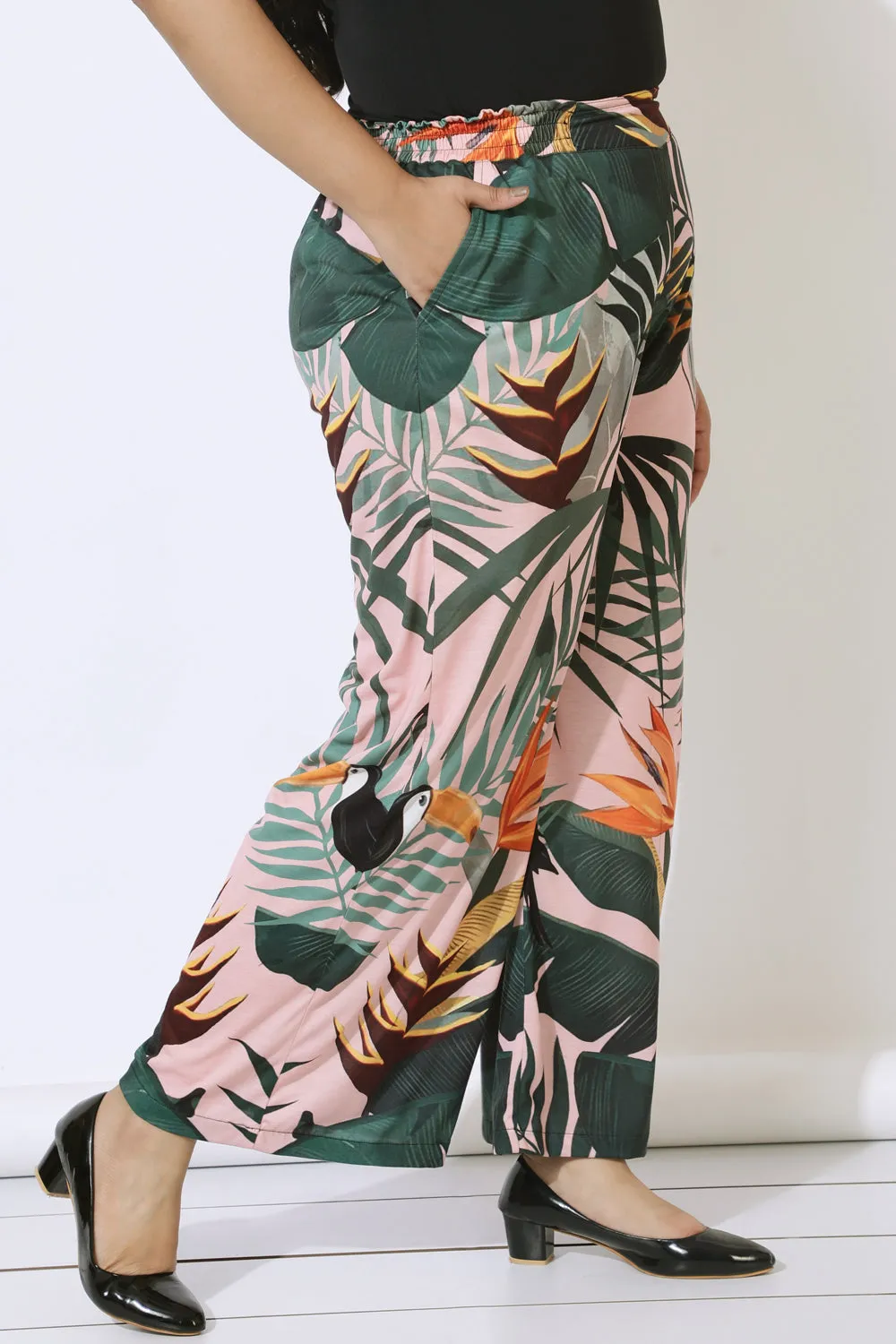 Plus Size Pink Tropical Print High Waist Pants