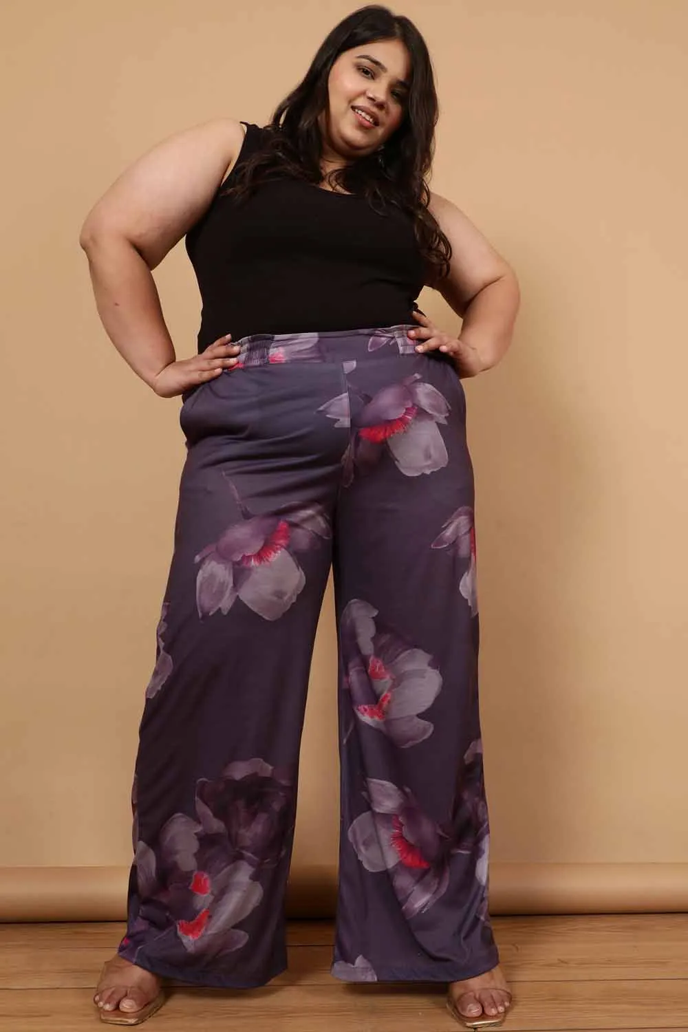 Plus Size Purple Floral Printed High Waist Pants