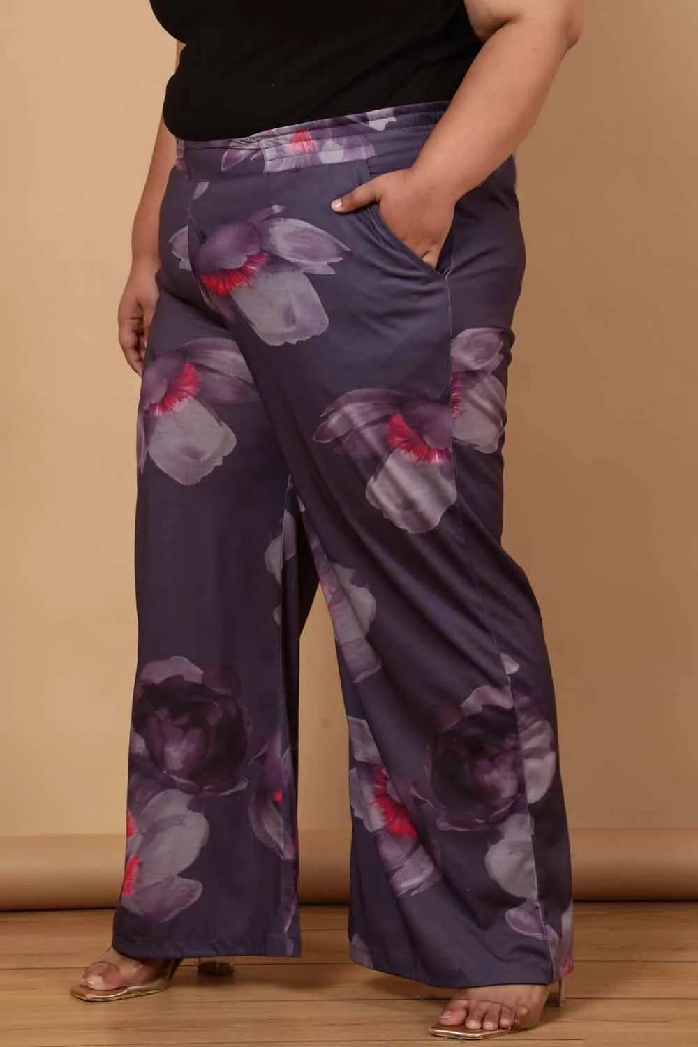 Plus Size Purple Floral Printed High Waist Pants