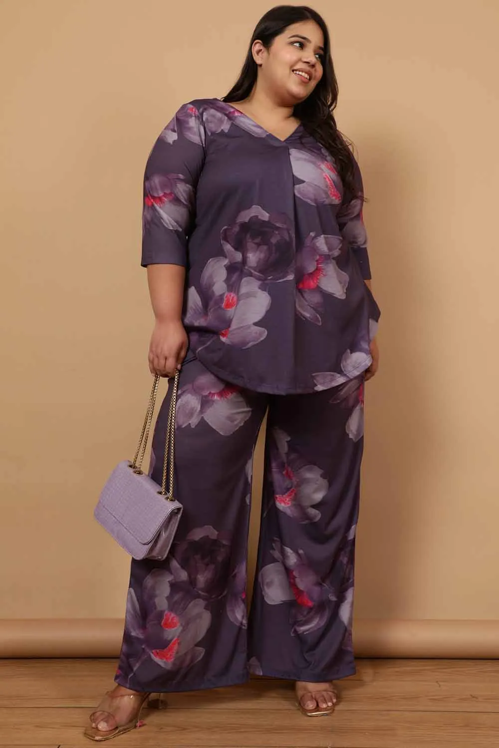 Plus Size Purple Floral Printed High Waist Pants