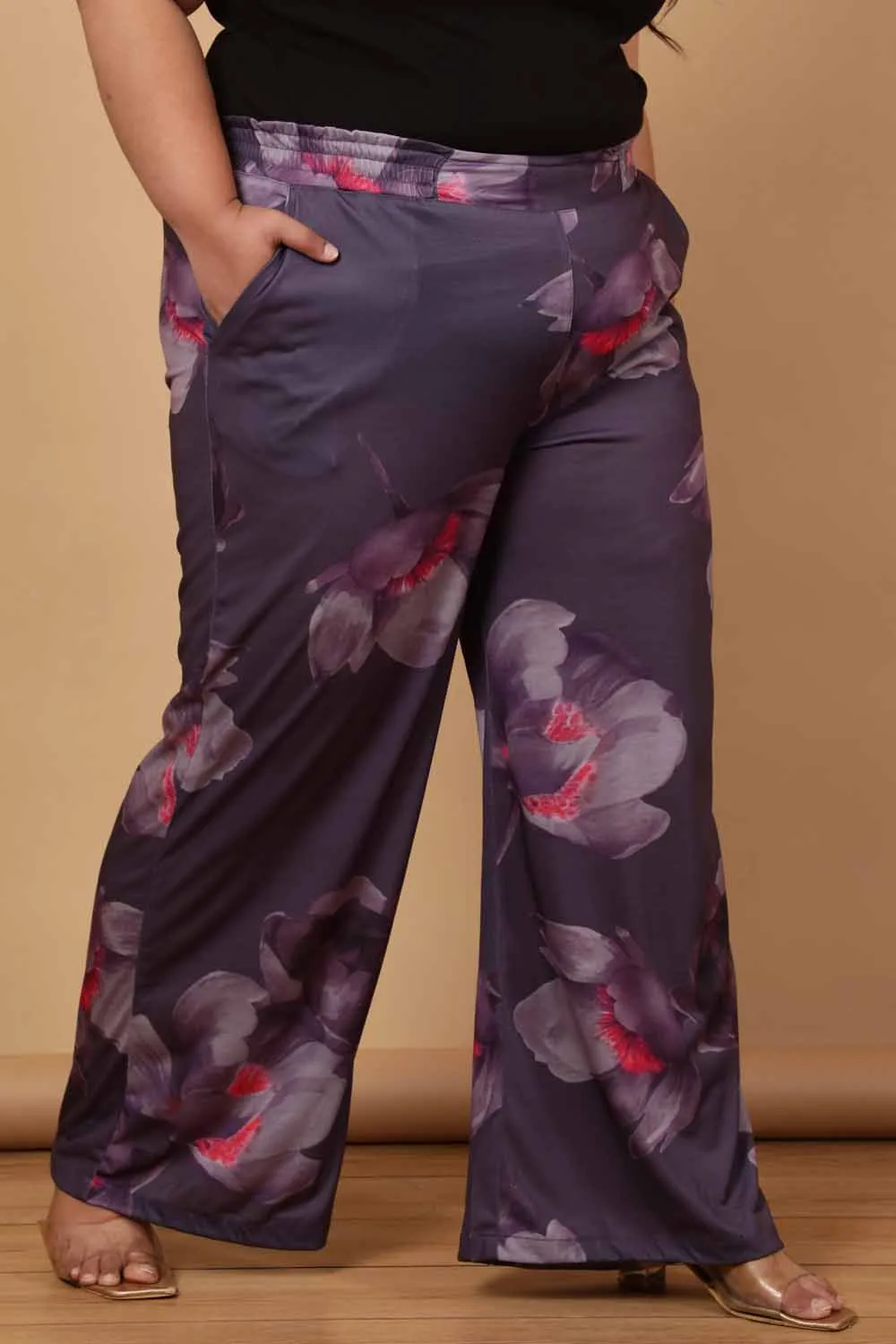 Plus Size Purple Floral Printed High Waist Pants