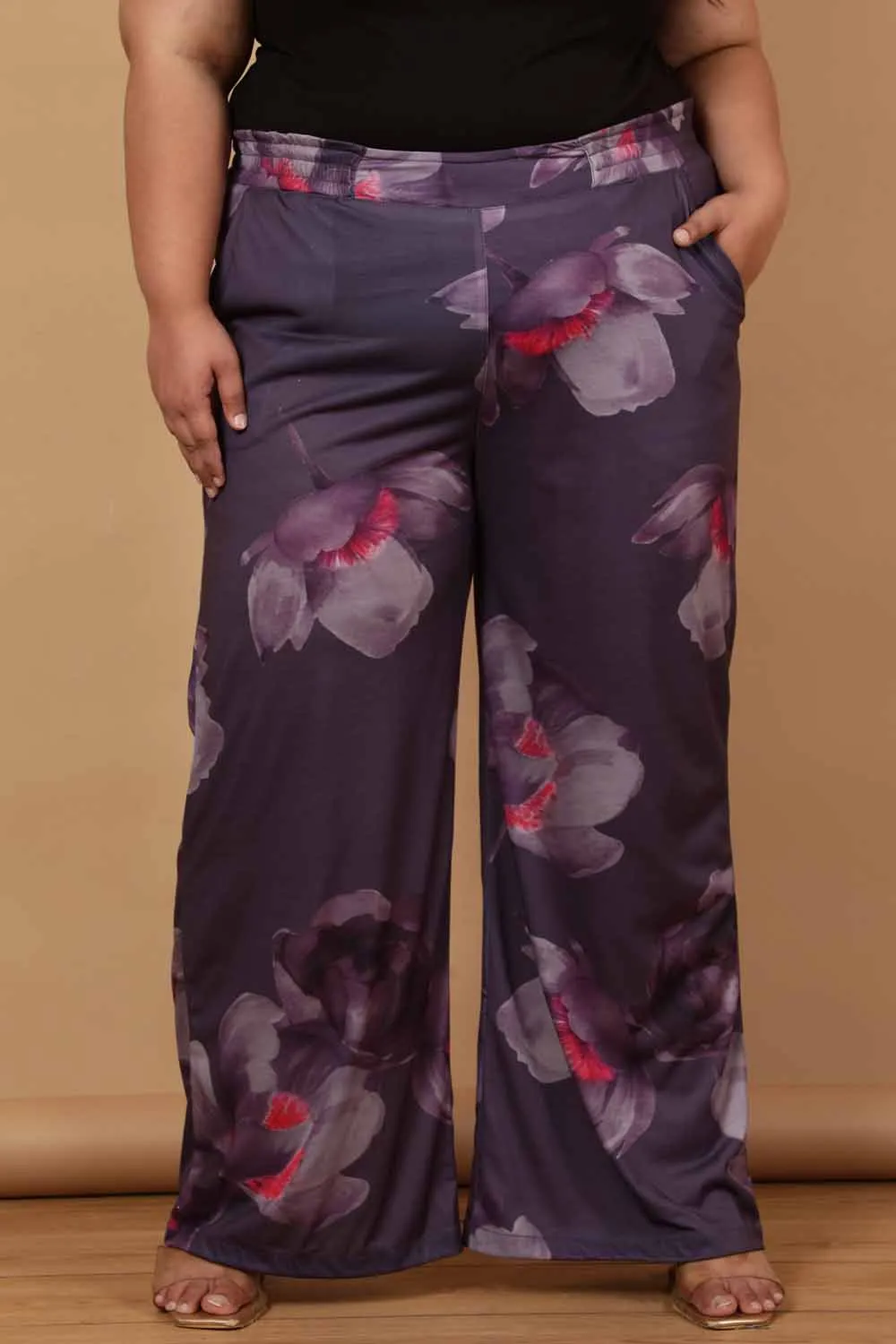 Plus Size Purple Floral Printed High Waist Pants