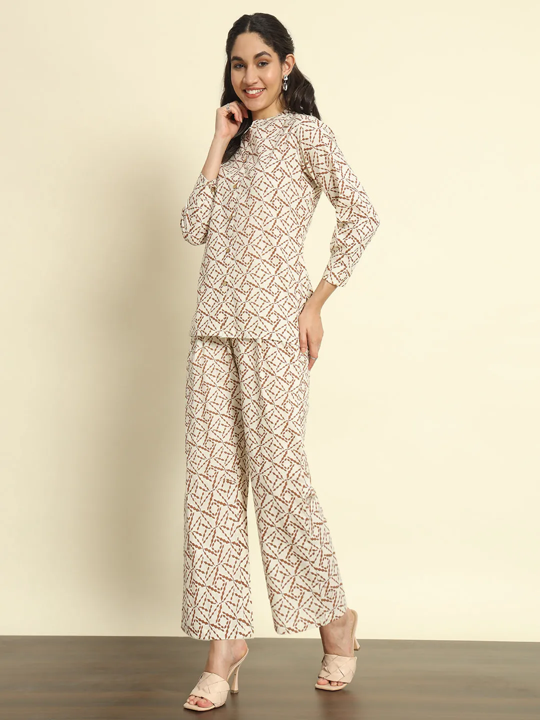 Printed Beige Linen Pants