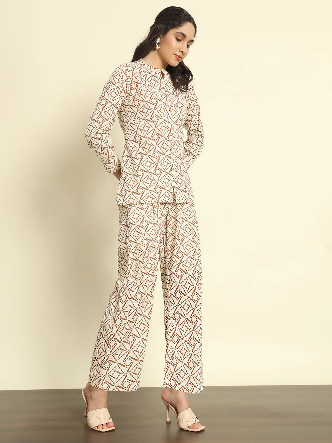 Printed Beige Linen Pants