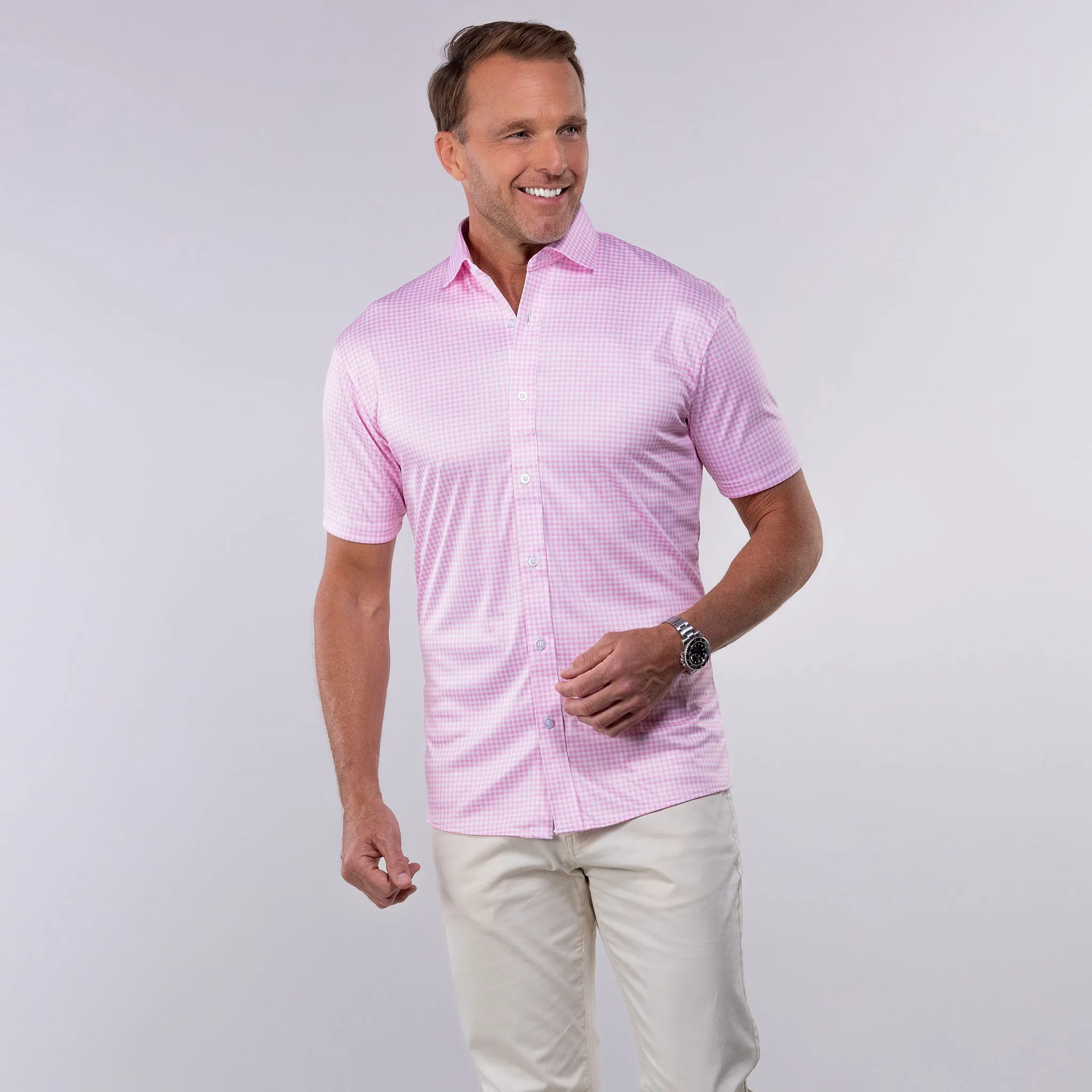 Quattro Flex Short Sleeve Button Down Pink Gingham