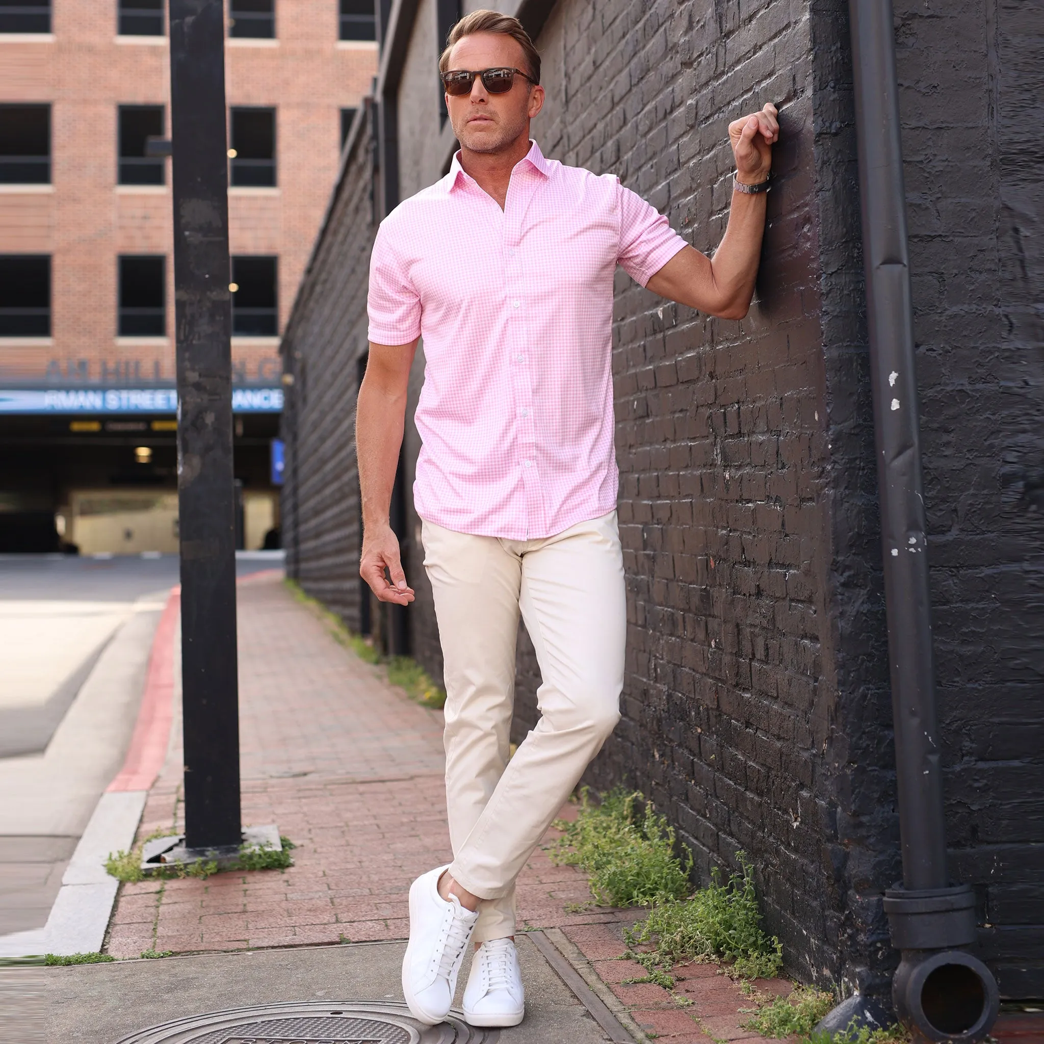 Quattro Flex Short Sleeve Button Down Pink Gingham