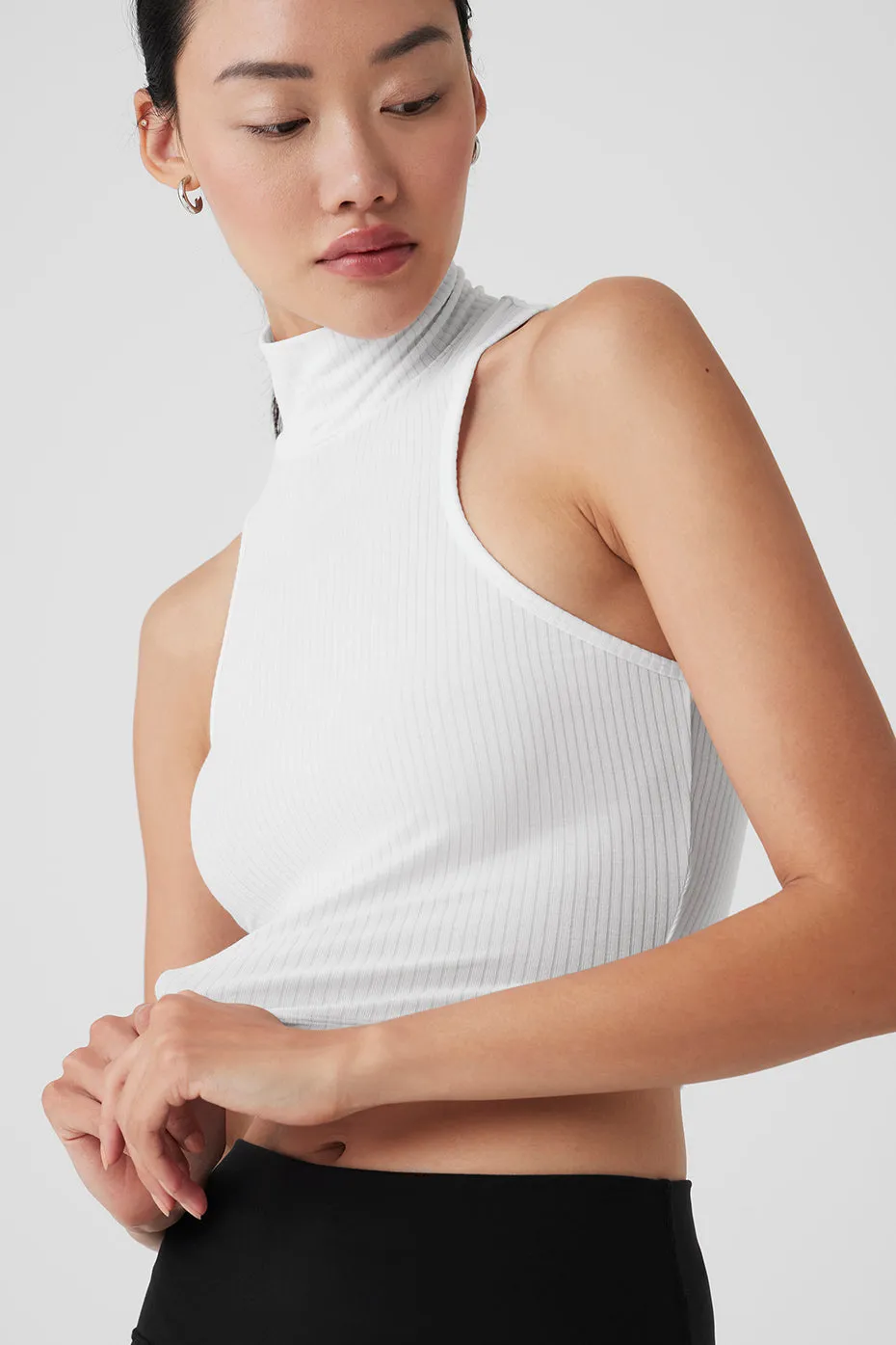 Ribbed Sea Coast Cropped Turtleneck Tank - White