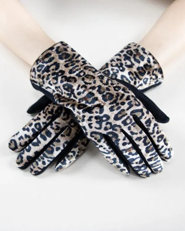 VERY MODA LEOPARD PRINT VELVET GLOVES - GL12279BK