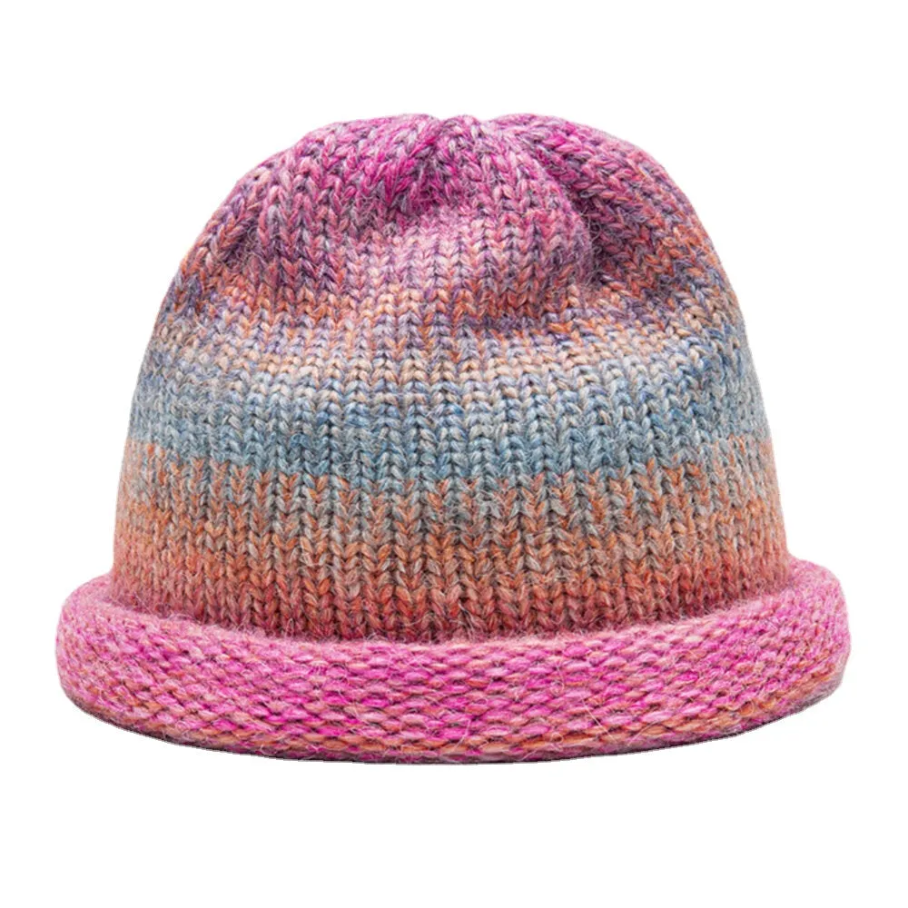 Women Mixed Color Knitted Tie-dye Gradient Color Vintage Fashion Warmth Brimless Beanie Hat