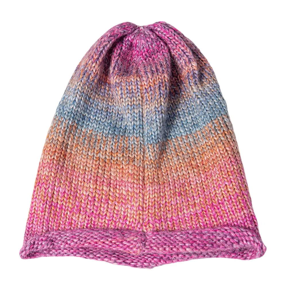 Women Mixed Color Knitted Tie-dye Gradient Color Vintage Fashion Warmth Brimless Beanie Hat