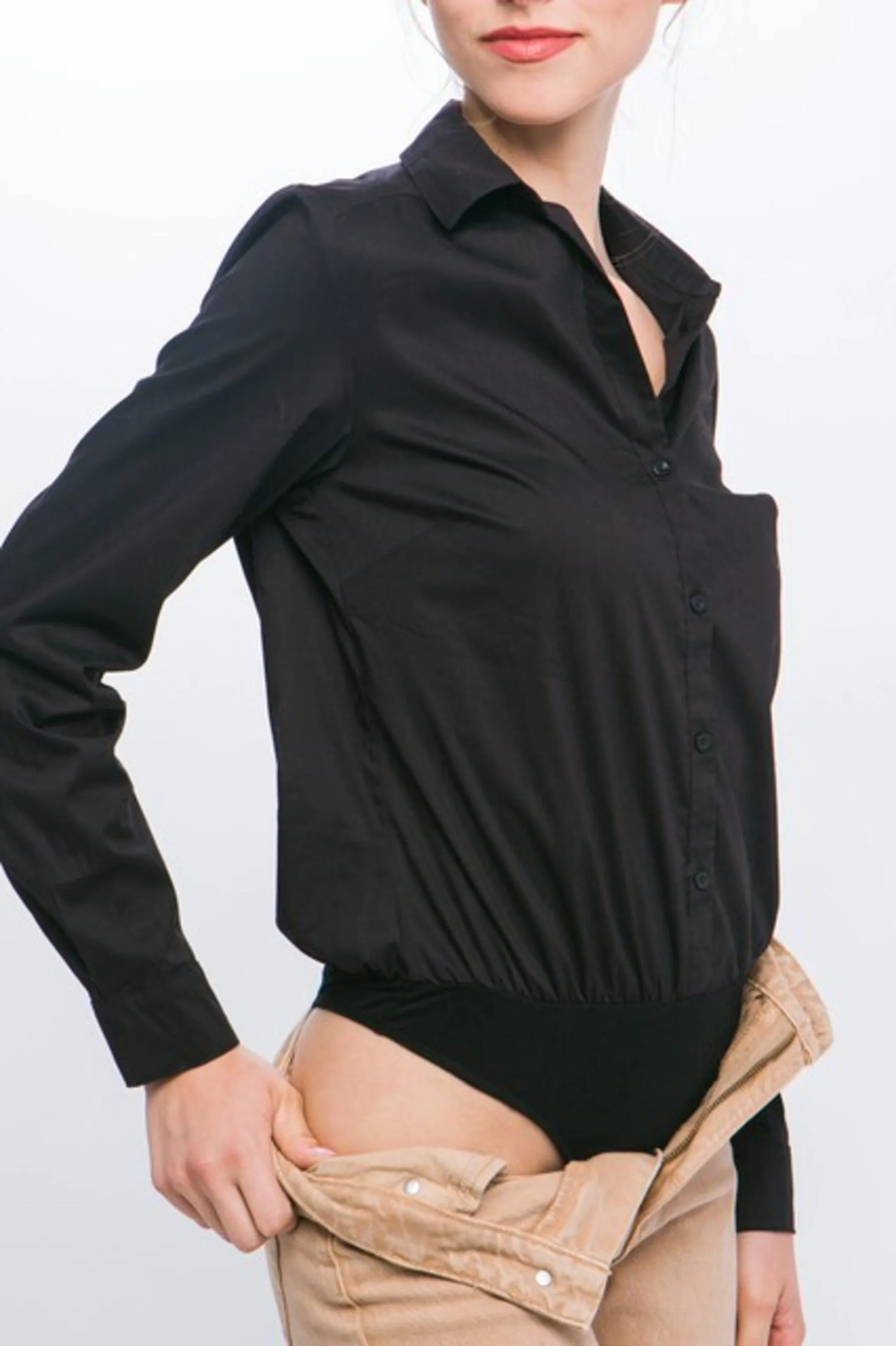 Women's Button Down Bodysuit Long Sleeve Collared Shirt